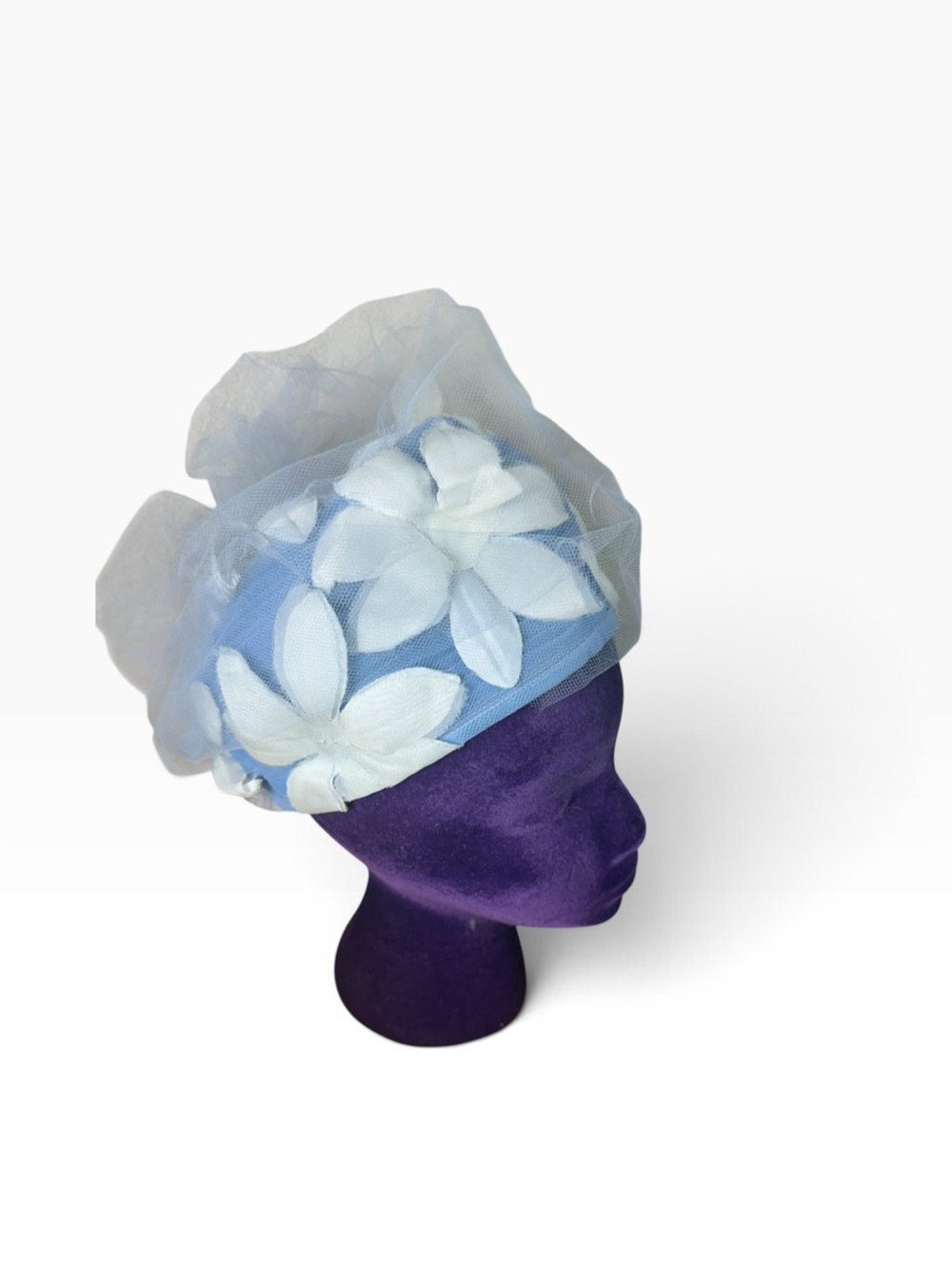 Dolly Madison Light Blue Cocktail Hat with White Floral Appliqués